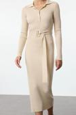 Moda Stil Regular Polo Yaka Midi Boy Kuşaklı Triko Elbise