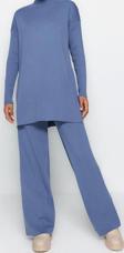 Moda Düz Balıkçı Yaka Düşük Kol Casual Günlük Yırtmaçlı Geniş Paça Triko Alt-Üst Takım