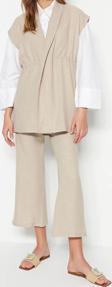 Moda Yüksek Bel Ceket Yaka Düşük Kol İçten Bağlamalı Keten Görünümlü Kimono-Pantolon Dokuma Takım