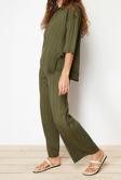Moda Triko Düz Polo Yaka Casual Günlük Yeşil Basic Fitilli Triko Alt-Üst Takım