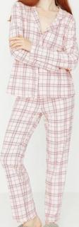 Tarz Rahat Uzun Kollu Boru Paça %100 Pamuklu Ekoseli Örme Pijama Takımı