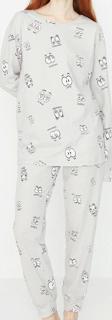 Tarz Rahat Uzun Kollu Boru Paça %100 Pamuklu Göz Desenli T-shirt-Jogger Örme Pijama Takımı