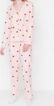 Tarz Rahat Uzun Kollu Boru Paça %100 Pamuklu Kalp Desenli Örme Pijama Takımı
