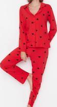 Tarz Rahat Uzun Kollu Boru Paça %100 Pamuklu Kalp Desenli Örme Pijama Takımı