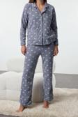 Tarz Rahat Uzun Kollu Boru Paça Gri Kış Temalı Cepli Polar Kışlık Örme Pijama Takımı