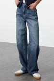 Stil Kadın Moda Denim Kot Pantolon Regular Geniş Paça Lacivert Yüksek Bel Straight Jeans