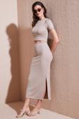 Lela Slim Fit Yırtmaç Detaylı Uzun Etekli Crop Bayan Takım 5866148 TAŞ
