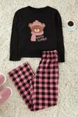 Tarz Rahat Uzun Kollu Geniş Paça %100 Pamuklu Ayıcık Baskılı Ekoseli Örme Pijama Takımı
