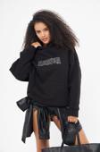 The Champ Clothing Heaven Yazılı Taş Baskılı Kapüşonlu İçi Polar Oversize Siyah Sweatshirt