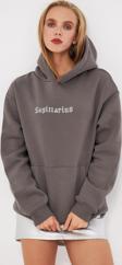 The Champ Clothing Kapüşonlu Içi Polar Sagittarius Yazılı Taş Baskılı Füme Oversize Hoodie Sweatshirt
