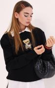 The Champ Clothing Bisiklet Yaka Içi Polar Teddy Bear Leopar Baskılı Siyah Unisex Sweatshirt