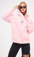 The Champ Clothing Kapüşonlu Içi Polar Taş Baskılı Pembe Oversize Hoodie Sweatshirt
