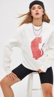 The Champ Clothing Bisiklet Yaka İçi Polar Leopar Baskılı Beyaz Oversize Sweatshirt