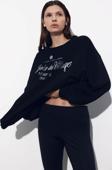 The Champ Clothing Siyah Bisiklet Yaka Içi Polar Jardin Du Village Yazı Baskılı Oversize Sweatshirt