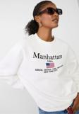 The Champ Clothing Bisiklet Yaka İçi Polar Manhattan 1984 Yazı Baskılı Beyaz Oversize Sweatshirt