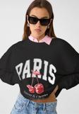 The Champ Clothing Bisiklet Yaka İçi Polar Paris Yazılı Kiraz Baskılı Siyah Oversize Sweatshirt