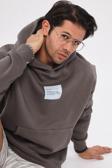 The Champ Clothing Kapüşonlu Içi Polar Syzygy Yazı Baskılı Füme Oversize Hoodie Sweatshirt