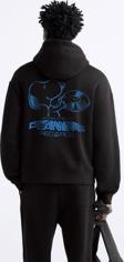 The Champ Clothing Kapüşonlu Içi Polar Peanuts Yazılı Snoopy Desen Baskılı Siyah Oversize Hoodie Sweatshirt