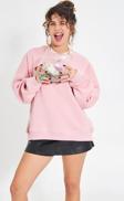 The Champ Clothing Pembe Bisiklet Yaka Kadın No Fear Ön Ve Baskılı Oversize Sweatshirt