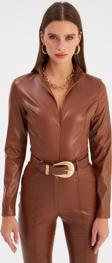 Fermuarlı Deri Bodysuit - Kahve