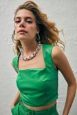 Kare Yaka Deri Crop Bluz - Yeşil