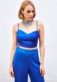 İp Askılı Saten Crop Bluz - Sax Mavi