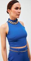 Zincir Aksesuarlı Crop Bluz - Sax Mavi