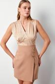 Kruvaze Desenli Saten Bluz - Camel