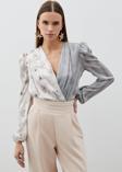 Çift Desenli Kruvaze Bodysuit Bluz - Gri