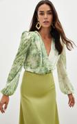 Çiçek Desenli Bodysuit Bluz - Çağla Yeşili