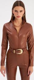 Fermuarlı Deri Bodysuit - Kahve