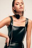 Kontrast Deri Crop Bluz - Siyah