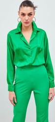Gömlek Yaka Saten Bodysuit Bluz - Yeşil