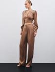 Pileli Saten Krep Pantolon - Camel