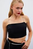 Taş Askılı Saten Crop Bluz - Siyah