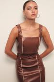 Kontrast Deri Crop Bluz - Kahve