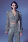 Kruvaze Payetli Crop Bluz - Bej