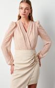 Desenli Kruvaze Bodysuit Bluz - Pudra