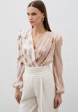 Çift Desenli Kruvaze Bodysuit Bluz - Vizon