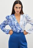 Çiçek Desenli Bodysuit Bluz - İndigo