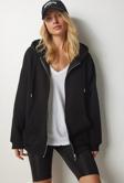 Siyah Kapüşonlu Fermuarlı Oversize Sweatshirt