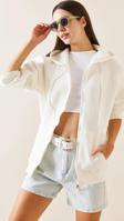 Beyaz Kapüşonlu Fermuarlı Oversize Sweatshirt