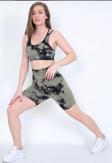 Zeynos Giyim Dikişsiz Push-up Toparlayıcı Batik Desen Spor Şort Bra Takımı Haki S-M