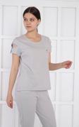 Escetic Gri Kadın Nakış Detaylı ABD Pike Nefes Alan T-shirt Takım A3068