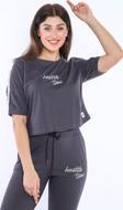Escetic Füme Kadın Baskı Şerit Detaylı ABD Pike Nefes Alan T-shirt Takım A3000