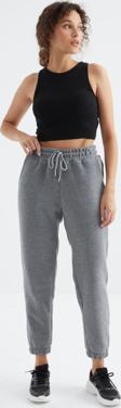 Gri Melanj Yüksek Bel Basic Bağcıklı Jogger Polar Kadın Eşofman Alt - 94622