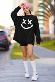 Gülen Çizgi Surat Baskılı Unisex Oversize Sweatshirt