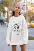 Dil Çıkaran Kedi Baskılı Unisex Oversize Sweatshirt