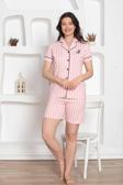 Secret Pamuklu Biyeli Çizgili Kısa Kollu Şortlu Gömlek Pijama Takımı