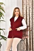 Lonca Tekstil Kadın Düğmeli Bordo Renk Triko Anne Yeleği Büyük Beden Cepli Rahat Kesim Yelpaze Desen L